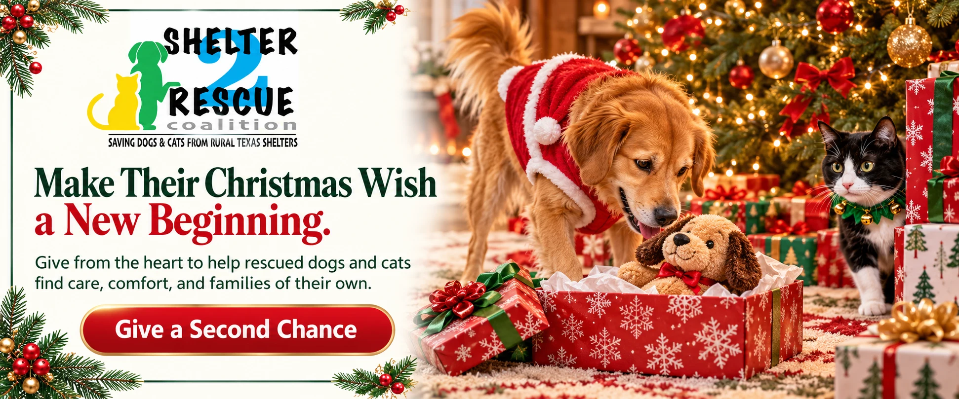 A dog discovers a toy while a cat peeks around Christmas presents beneath a decorated tree.