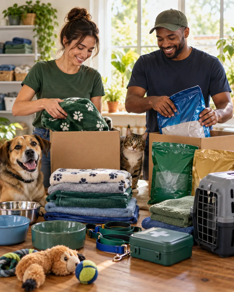 Volunteers organizing food, blankets, bowls, leashes, carriers, and other rescue supplies