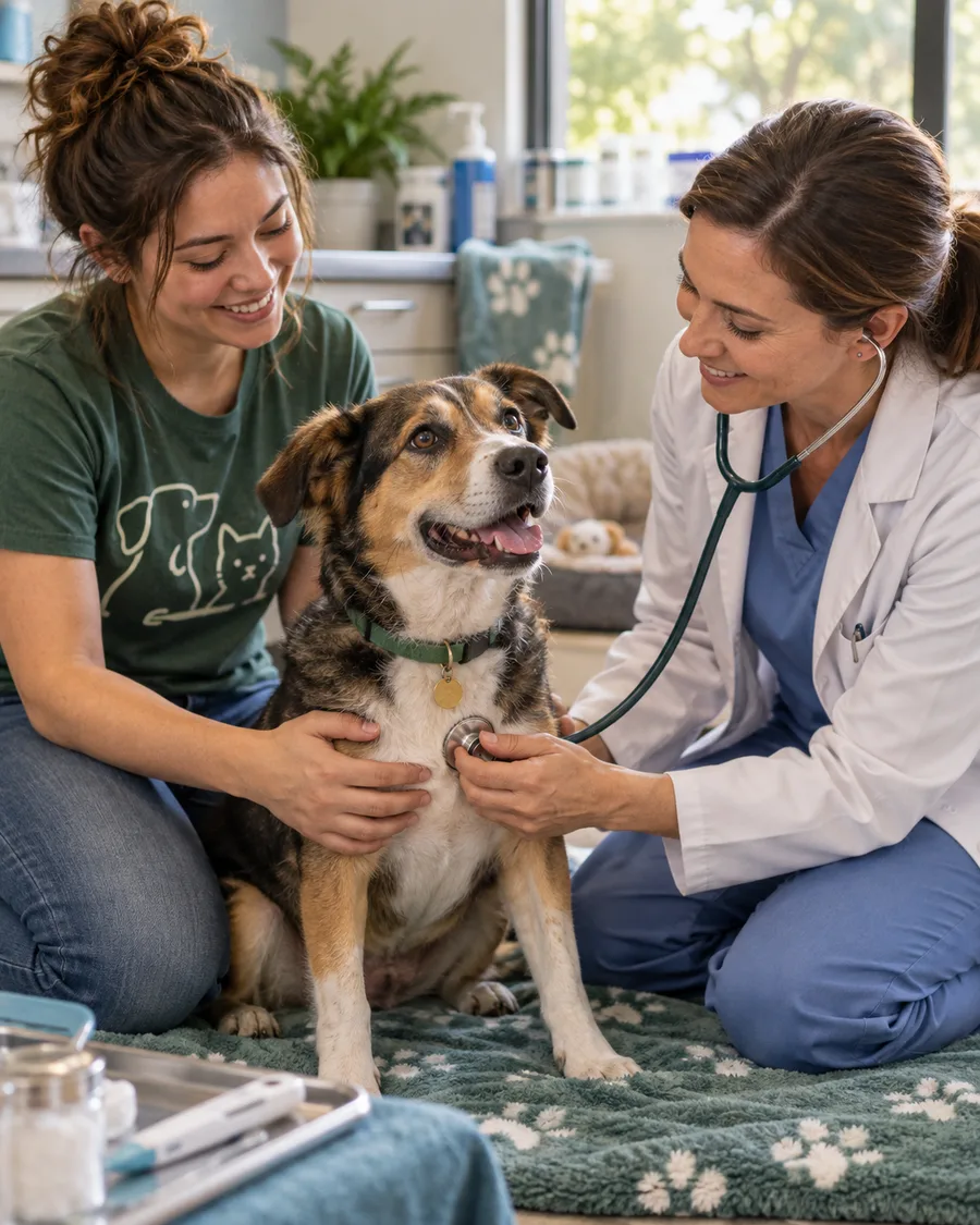A veterinarian examining a calm rescue dog while a volunteer offers reassurance