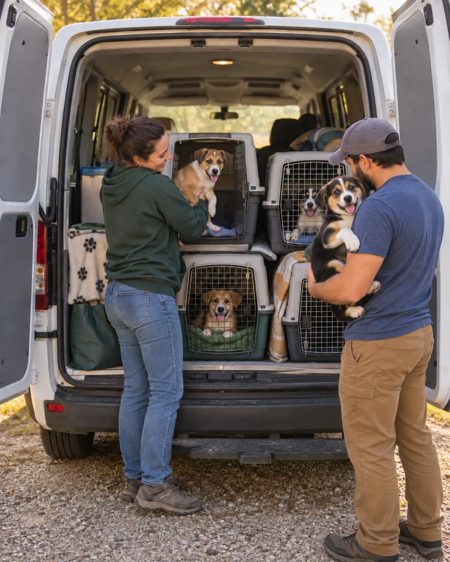 Two rescue volunteers safely holding happy puppies beside secured travel crates in the open rear of a passenger van