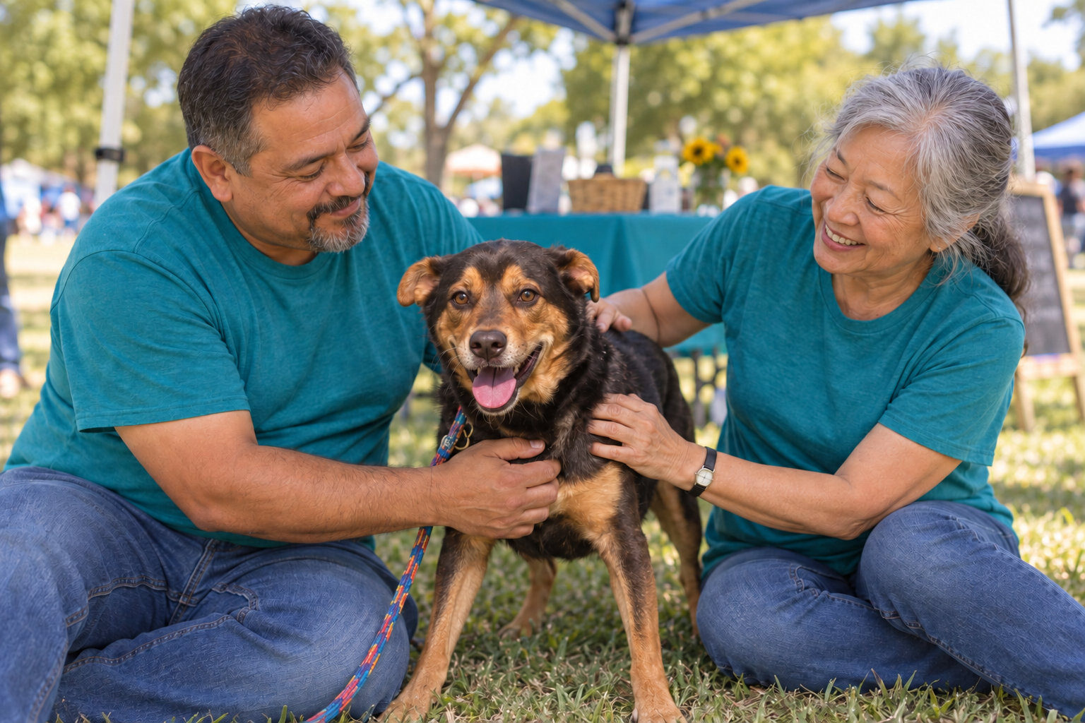 Two rescue volunteers spending time with a happy, alert Hix at an outdoor adoption event
